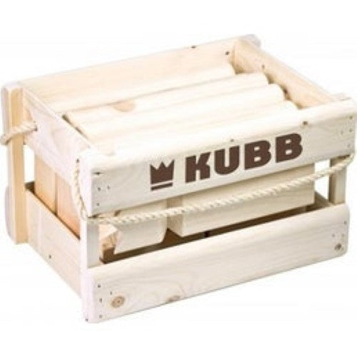 Outdoor Tactic Kubb Original game set featuring wooden skittles and throwing sticks for family fun and strategy.