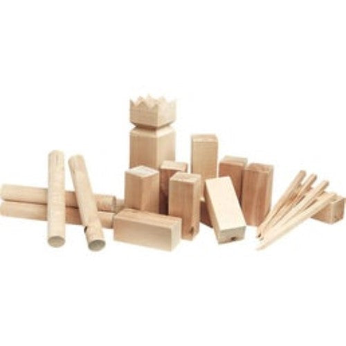 Tactic Kubb Original set with 10 wooden kubbs, 6 throwing sticks, and 1 King for family outdoor fun and strategic gameplay.