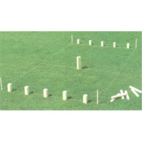 Outdoor Kubb game set with 10 wooden skittles, 6 throwing sticks, and 1 King; engage in fun competitive play.