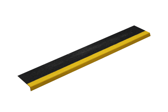 Vibrant yellow and black stair nosing with anti-slip grit finish, designed for safety in high-traffic areas.