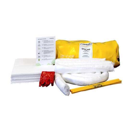 Controlco Everyday Spill Kit with yellow carry bag, absorbs 50L of oil, fuel, and solvents, ideal for quick spill response.