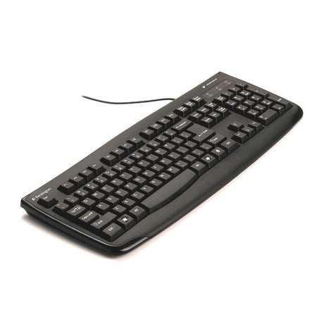 Kensington Washable Wired Keyboard featuring soft-touch keys, antimicrobial design, waterproof construction, and LED indicators.