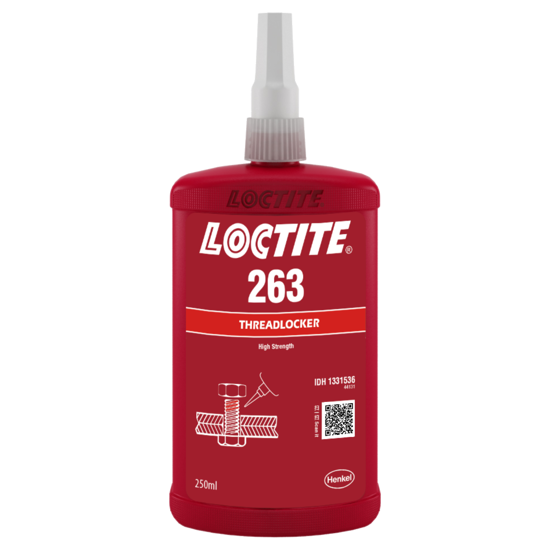 LOCTITE 263 Threadlocker in red liquid form, designed for high-strength sealing of threaded fasteners under extreme conditions.