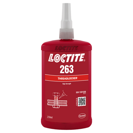 LOCTITE 263 Threadlocker in red liquid form, designed for high-strength sealing of threaded fasteners under extreme conditions.