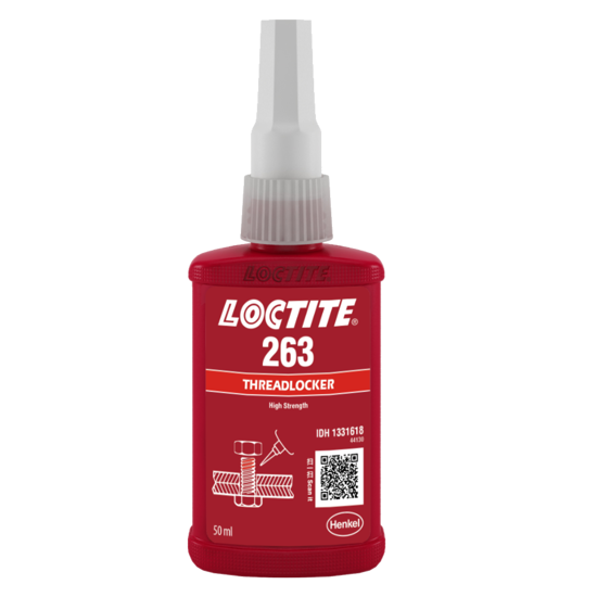 LOCTITE 263 Threadlocker 50ml, a high-strength red liquid for permanent locking and sealing of threaded fasteners.