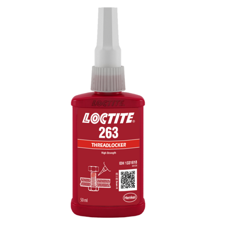 LOCTITE 263 Threadlocker 50ml, a high-strength red liquid for permanent locking and sealing of threaded fasteners.