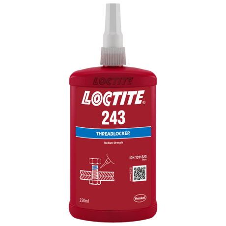 LOCTITE 243 blue threadlocker in 250ml bottle, securing bolts and nuts against vibration with medium strength and oil tolerance.