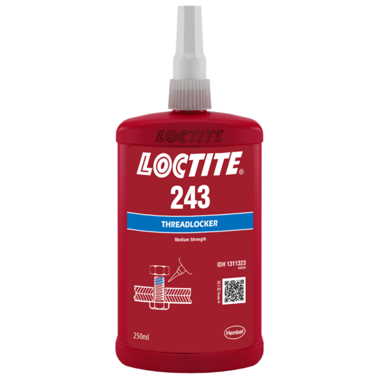 LOCTITE 243 blue threadlocker in 250ml bottle, securing bolts and nuts against vibration with medium strength and oil tolerance.