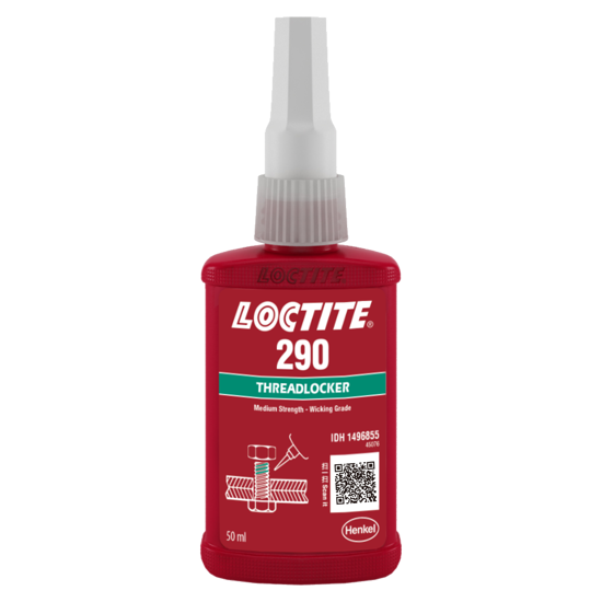 LOCTITE 290 Threadlocker bottle, green liquid designed for sealing threaded fasteners with high strength and low viscosity.