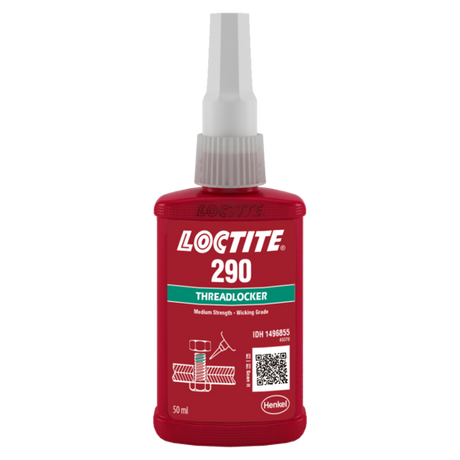 LOCTITE 290 Threadlocker bottle, green liquid designed for sealing threaded fasteners with high strength and low viscosity.