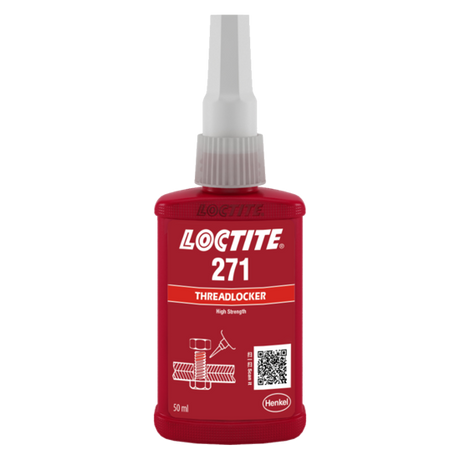 LOCTITE 271 Threadlocker, a red liquid adhesive for permanent locking of metal fasteners, prevents leaks and loosening.