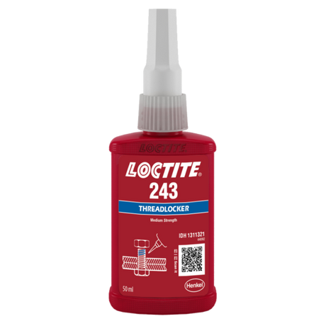 LOCTITE 243 Threadlocker in a 50ml bottle, blue liquid for medium strength, secures metal fasteners against vibration.