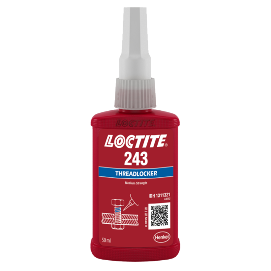 LOCTITE 243 Threadlocker in a 50ml bottle, blue liquid for medium strength, secures metal fasteners against vibration.