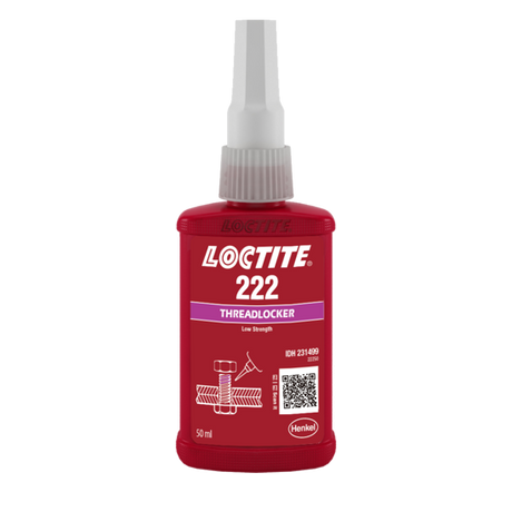 LOCTITE 222 low-strength threadlocker in purple liquid, ideal for secure fastening on delicate metal assemblies like aluminum.