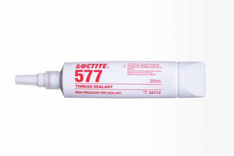 LOCTITE 577 Thread Sealant in 250ml, yellow paste for sealing metal threads, ensuring leak-free and secure pipe connections.