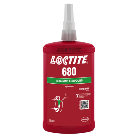 Green liquid LOCTITE 680 Retaining Compound for securing cylindrical parts, offering high strength and oil tolerance.