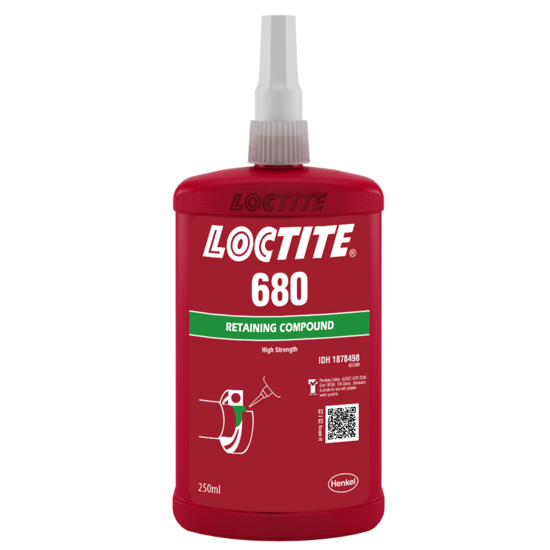 Green liquid LOCTITE 680 Retaining Compound for securing cylindrical parts, offering high strength and oil tolerance.