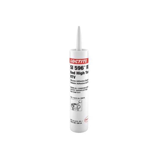 Red LOCTITE SI 596 Silicone sealant in a smooth paste, ideal for high-temperature sealing and bonding applications.