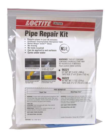 LOCTITE 5070 Pipe Repair Kit for sealing leaks, includes epoxy, kneadable stick, and GRP tape, effective for various pipe types.