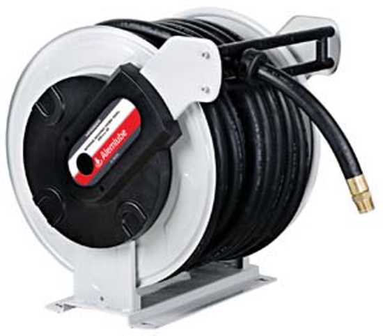 Heavy-duty Alemlube EL Series metal hose reel with 30m x 25mm hose, ideal for air and water in commercial workshops.