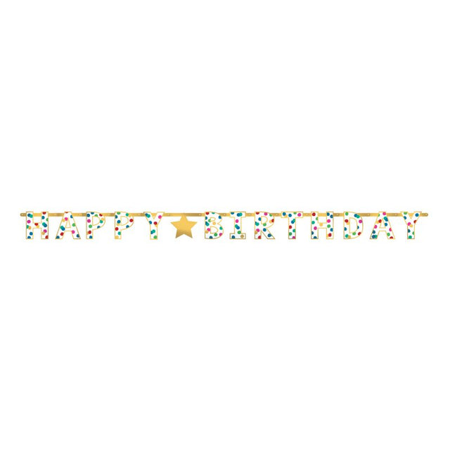 Colorful 2.3m Happy Dots foil letter banner set, perfect for festive celebrations and easy to hang for any party decor.