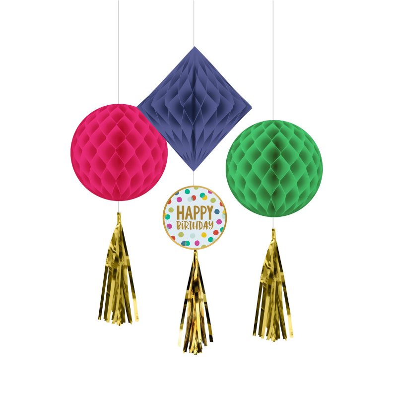 Colorful pack of 3 Happy Dots honeycomb decorations, perfect for adding festive charm to parties and celebrations.