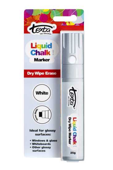 Texta Liquid Chalk Marker in white for vibrant, erasable writing on glossy surfaces like windows and whiteboards.