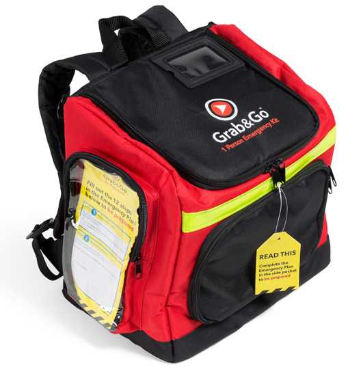 Emergency Survival and Getaway Kit in a durable backpack with reflective tape, adjustable straps, and essential safety supplies.