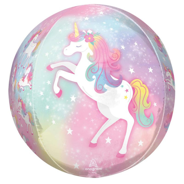 Vibrant 40cm self-sealing foil balloon featuring an enchanting unicorn design, perfect for festive celebrations and decorations.