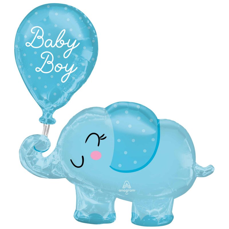 Adorable 78cm foil balloon featuring a cute baby boy elephant, perfect for baby showers and celebrations.