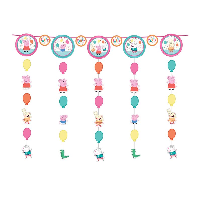 Colorful Peppa Pig hanging string decorations, 1.21m long, perfect for whimsical party setups and celebrations.