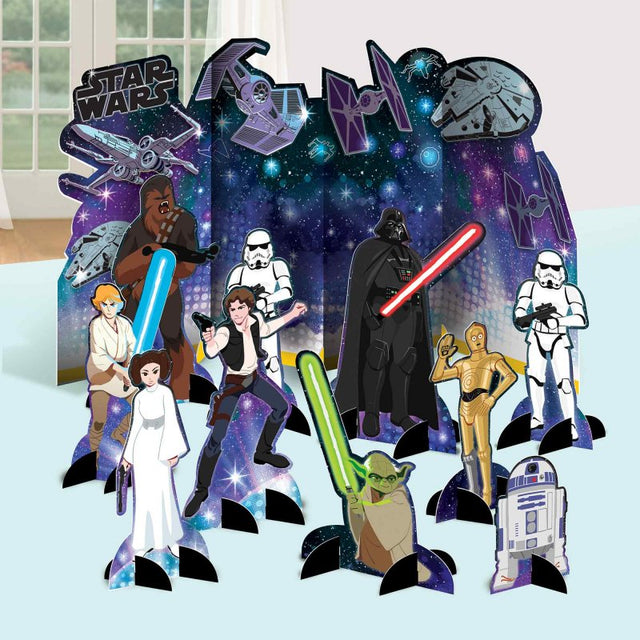 Star Wars Galaxy Table Centrepiece Kit featuring diverse cardboard cutouts for festive decorations and thematic celebrations.