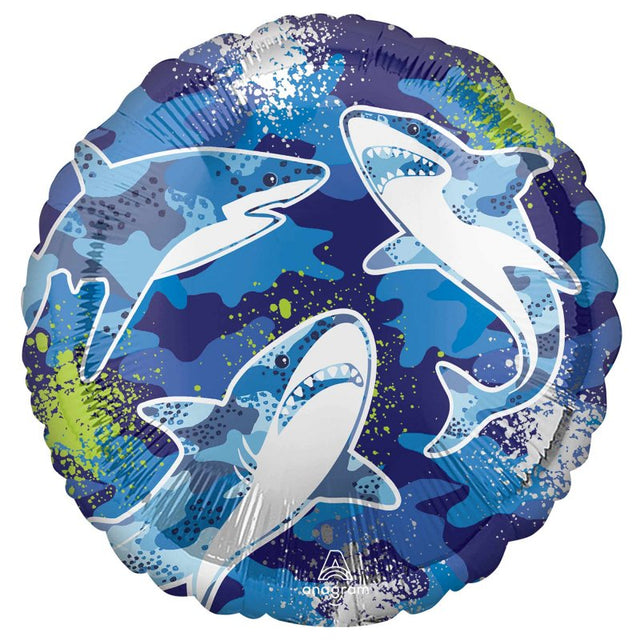 Vibrant 45cm shark foil balloon, ideal for ocean-themed parties and celebrations, featuring a self-sealing design for easy use.