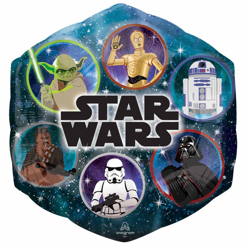 Star Wars foil balloon featuring iconic characters, 58cm star shape, perfect for themed parties and celebrations.