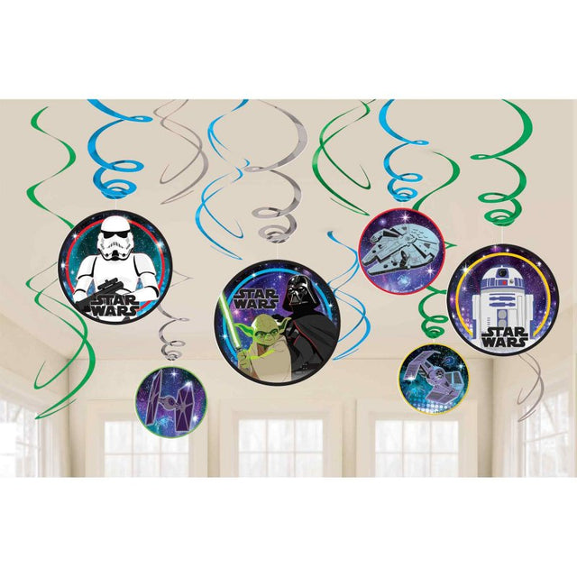 Star Wars-themed swirl decorations pack of 12, featuring vibrant swirls with various cutout sizes for dynamic party decor.