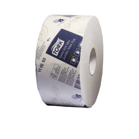 Tork Extra Soft 2-Ply Toilet Paper Mini Jumbo Rolls, 170m each, pack of 12, ideal for high-traffic areas, eco-friendly and durable.