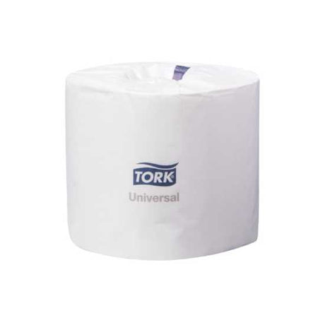 Tork 1Ply Toilet Paper Conventional Roll featuring 850 sheets, quilt emboss design, and eco-friendly packaging for hygiene and comfort.