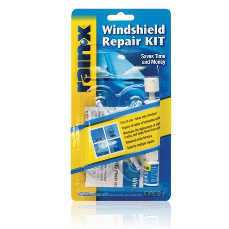 Windshield Repair Kit by Rain-X, featuring durable resin for quick at-home repairs of chips and cracks in laminated windshields.