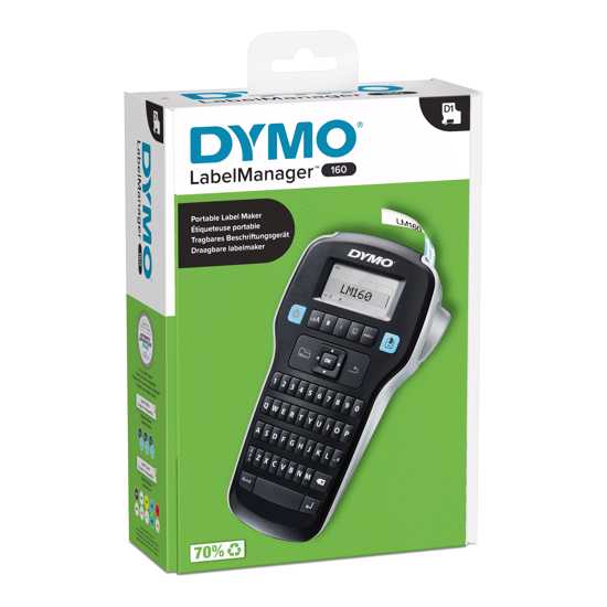 Compact Dymo LabelManager 160 label maker with QWERTY keyboard, fast-formatting keys, and 20+ formatting options for home and office use.
