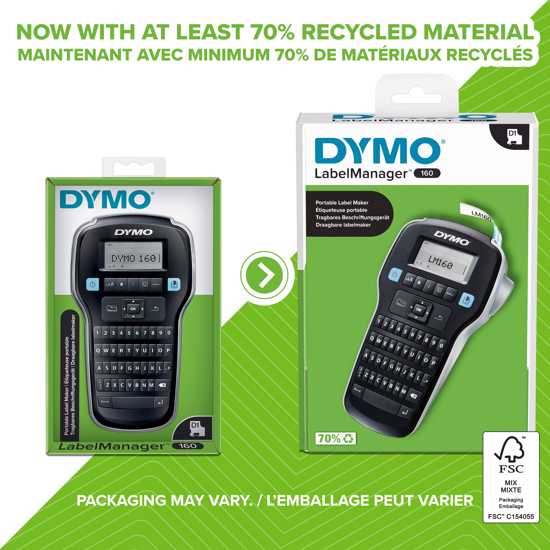 Compact Dymo LabelManager 160 label maker with QWERTY keyboard, fast formatting keys, and over 20 label options.