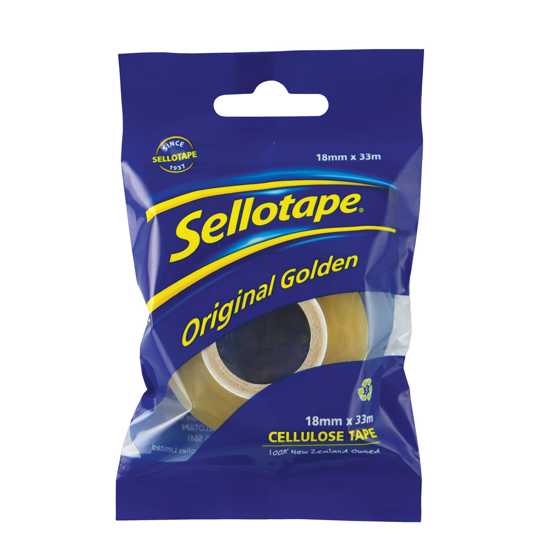 Sellotape Cellulose Office Tape roll (18mm x 33m) with strong adhesive, eco-friendly, easy manual tearing, ideal for office tasks.