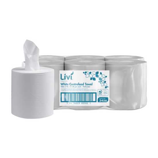 Livi Essentials 2-ply centrefeed paper towels in white, strong and absorbent, 180m per roll, ideal for high-traffic areas.
