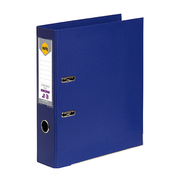 Vibrant blue Marbig Lever Arch PE File with 75mm capacity, linen finish, and locking mechanism for secure document storage.