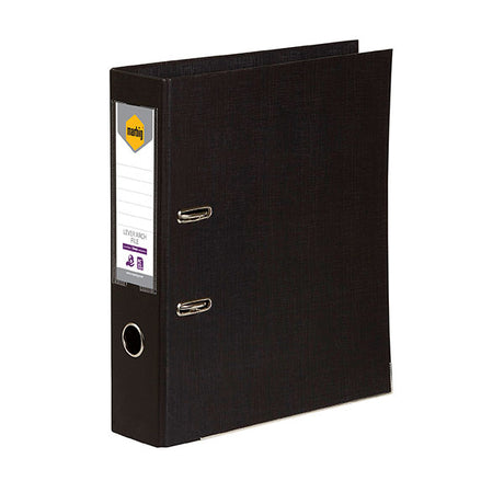 Eco-friendly black lever arch file with 75mm capacity, stylish linen finish, and secure locking mechanism for organized documents.