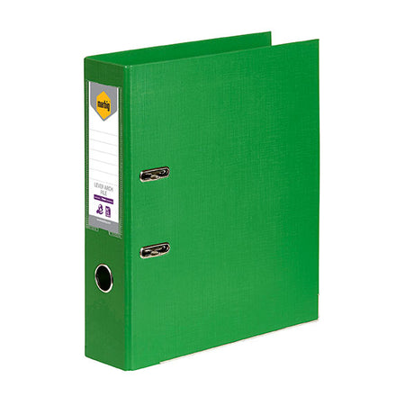 Eco-friendly Marbig green lever arch file with 75mm capacity, holding 375 sheets, features linen finish and secure locking mechanism.