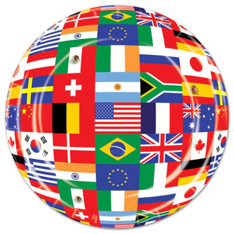 Colorful 9-inch paper plates featuring international flags, perfect for parties and cultural celebrations, set of 8.