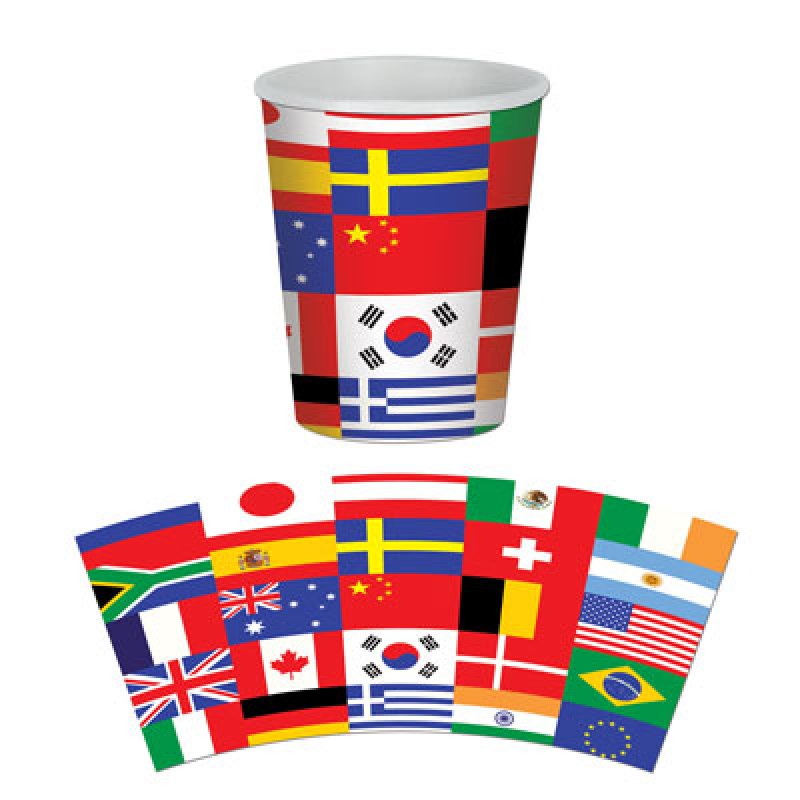 Vibrant paper cups featuring international flags, perfect for drinks at parties and events, set of 8, 9oz capacity.