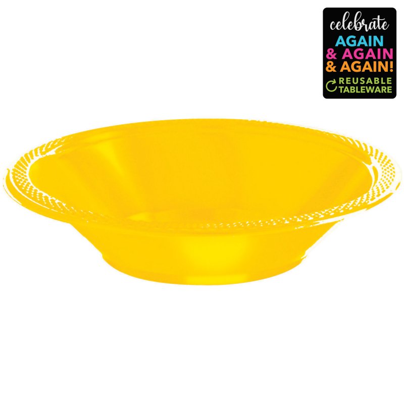 Bright yellow plastic bowls, 18cm size, pack of 20, perfect for parties and picnics, dishwasher safe, holds 355ml.