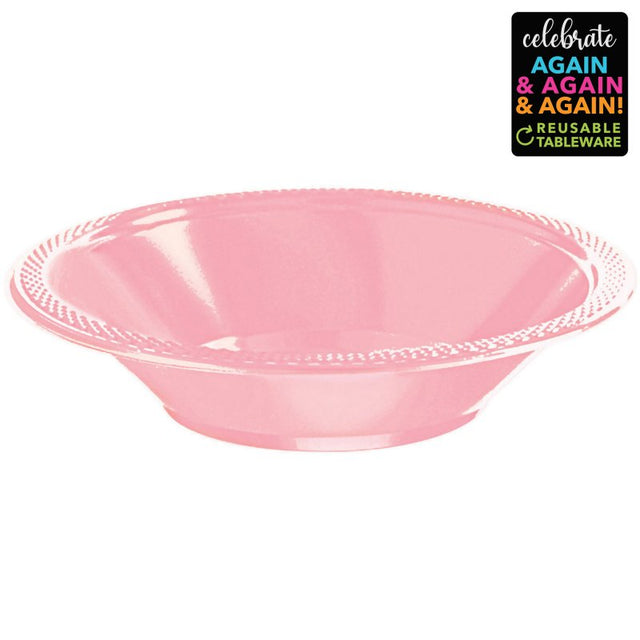Pastel pink plastic bowls, 18cm, 355ml, pack of 20, perfect for serving snacks, salads, or desserts at any occasion.
