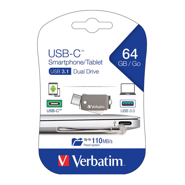 Verbatim On The Go USB-C 3.1 Drive 64GB with dual ports, ultra-compact design, and durable metal housing for seamless data transfer.